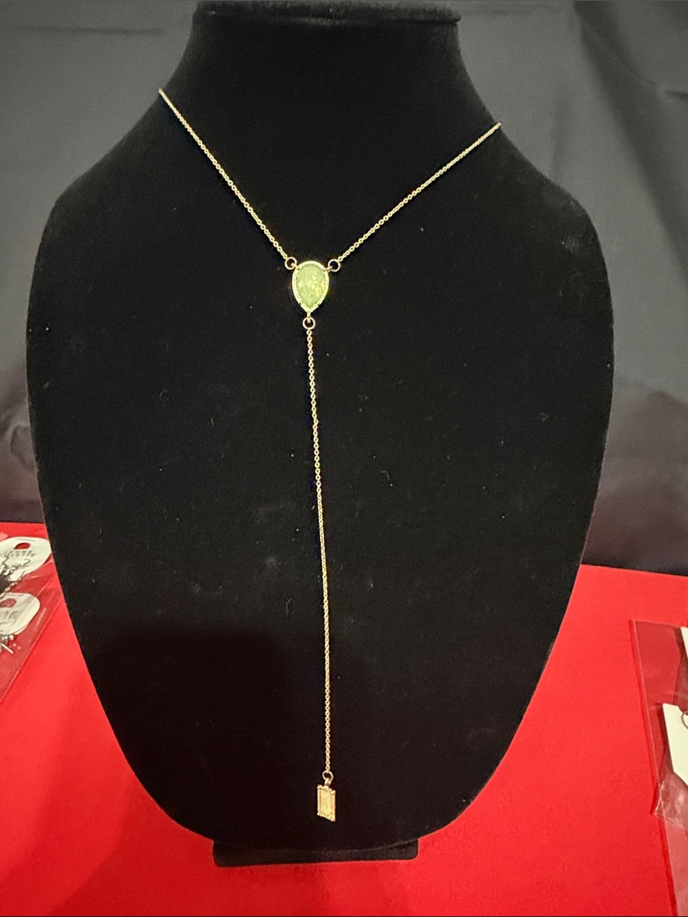 Gold Lariat Necklace with Green Teardrop Accent - Women Jewelry